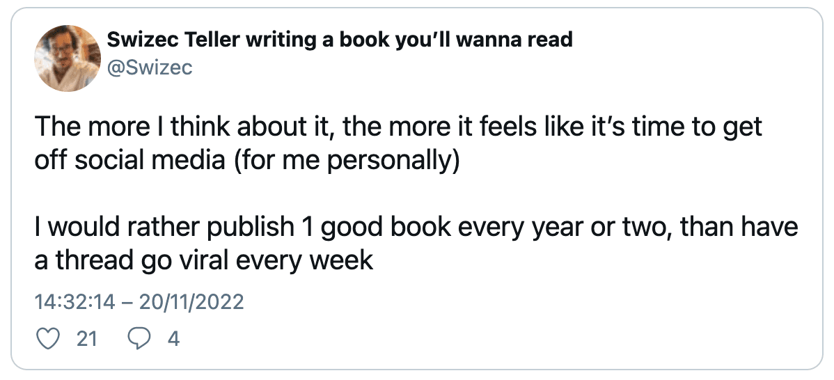 Swizec's tweet talking about being tired of social media